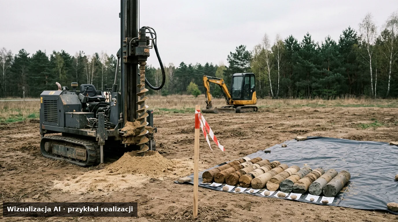 Wizualizacja AI – wiertnica geotechniczna na działce budowlanej w Polsce, próbki gruntu w tle