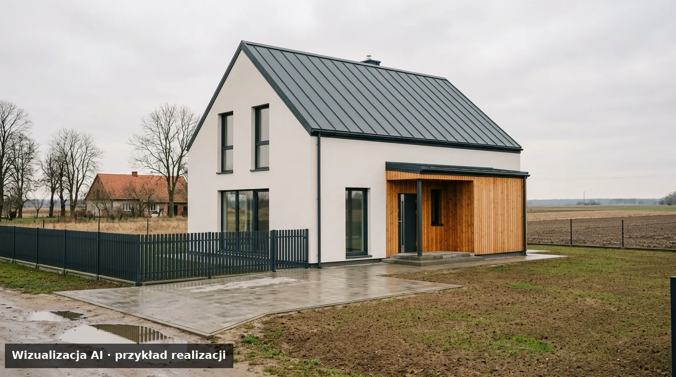 Wizualizacja AI – nowoczesny dom jednorodzinny pod klucz w polskim krajobrazie wiejskim