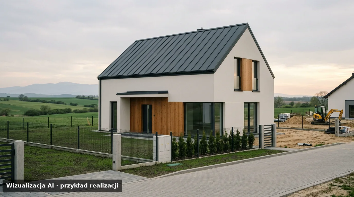 Wizualizacja AI – nowy dom pod klucz na obrzeżach Wrocławia z krajobrazem Dolnego Śląska w tle