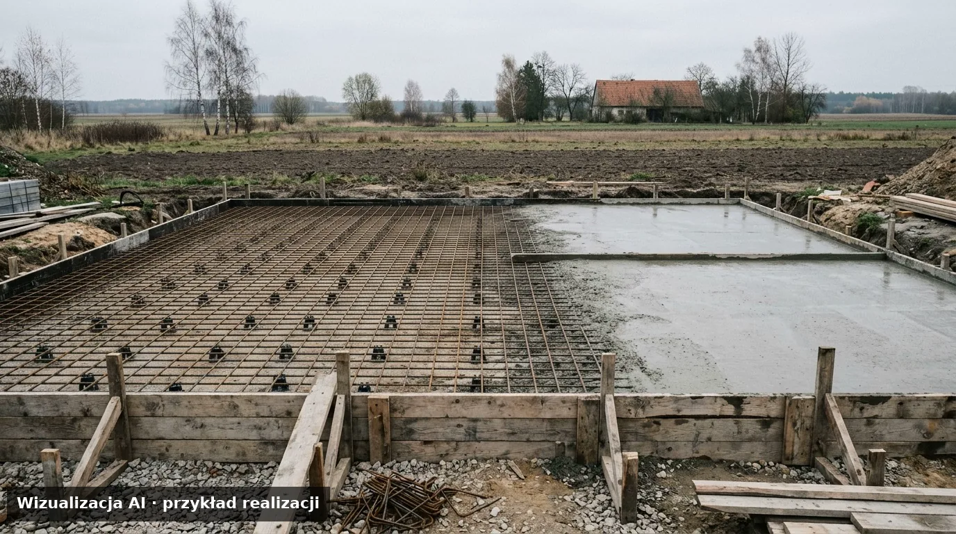 Wizualizacja AI – fundament w trakcie wylewania betonu na siatkę zbrojeniową, polski krajobraz wiejski