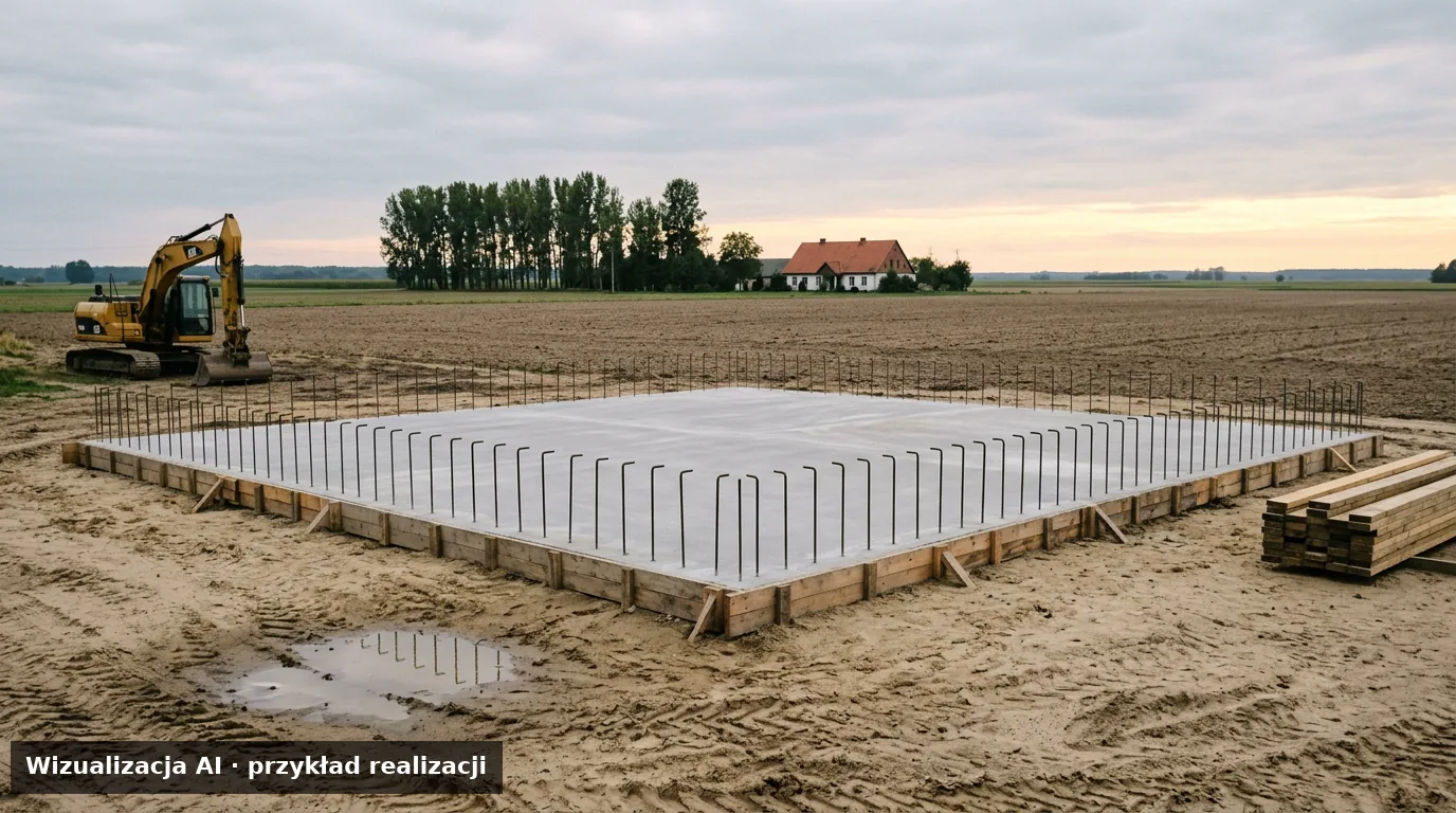 Wizualizacja AI – płyta fundamentowa na płaskiej działce w regionie Opolskim, charakterystyczny krajobraz