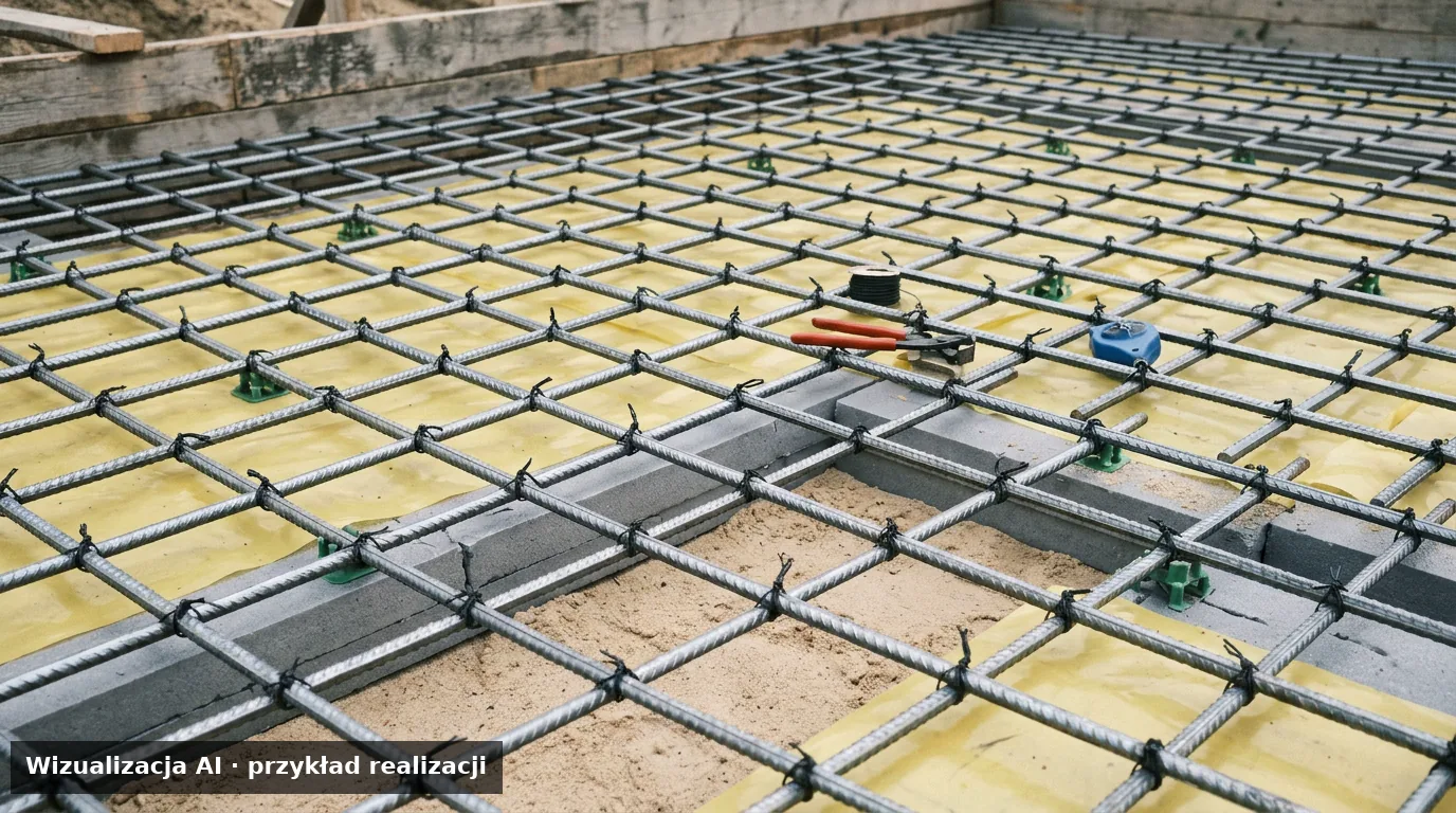 Wizualizacja AI – siatka zbrojeniowa płyty fundamentowej z bliska, gotowa do wylewania betonu